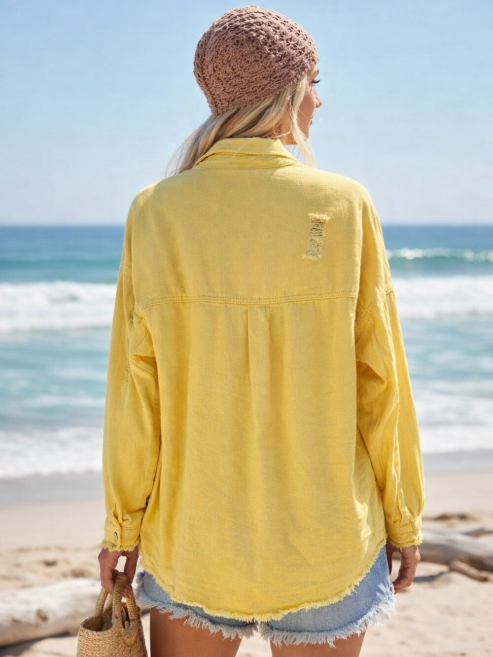 Lemon Yellow Distressed Cotton Denim Boho Coastal Cowgirl Shacket Jacket Large - Picture 3 of 14